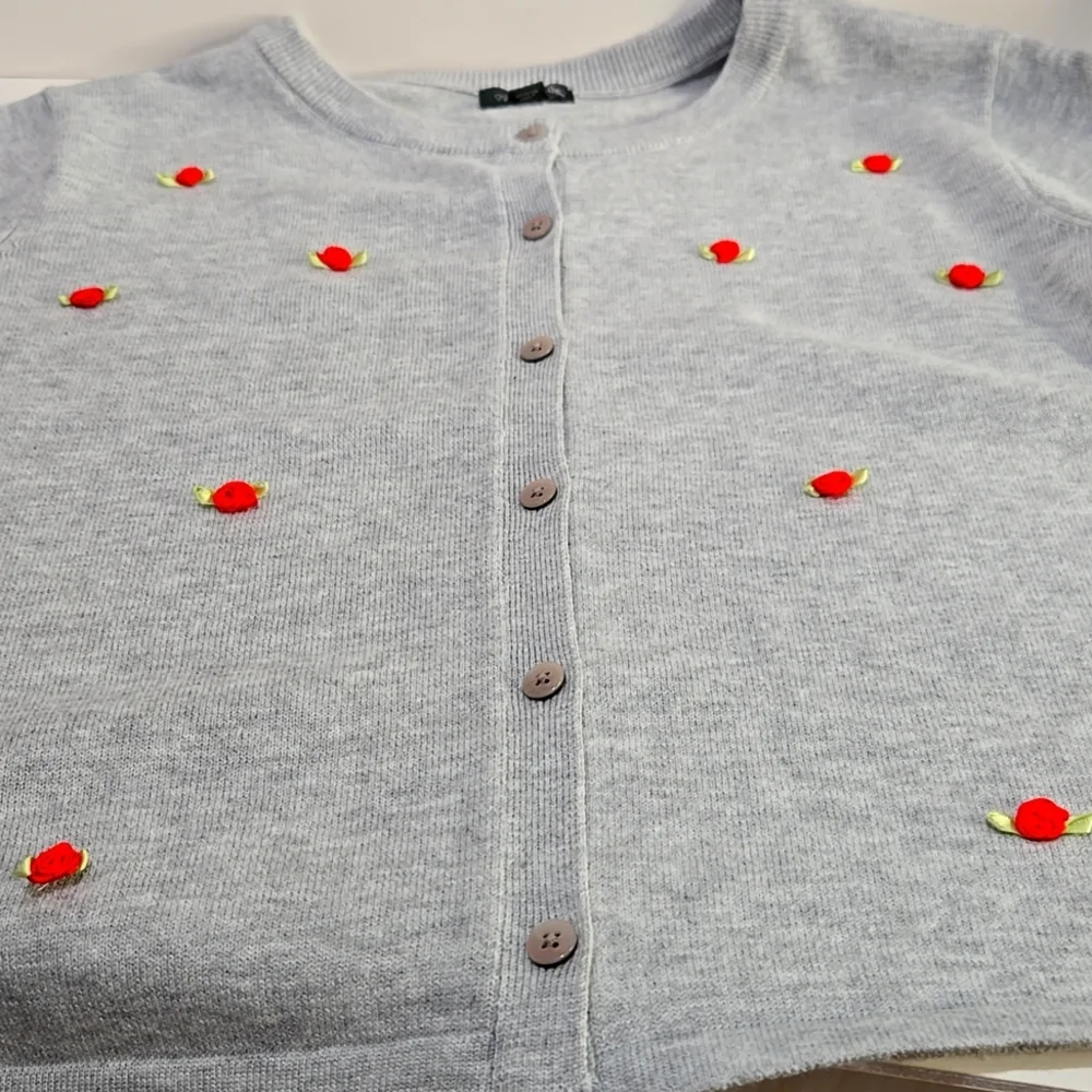 Gray Cardigan Sweater with Red Ribbon Rose Accents - Picture 12 of 13